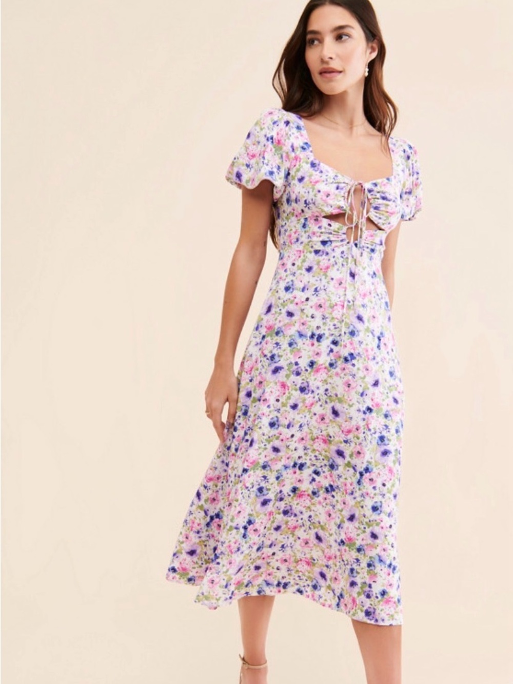 Astr Lavender Floral Tie-Front Midi Dress